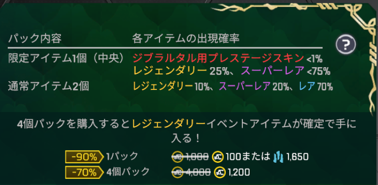 イベントパック仕様、出現確率